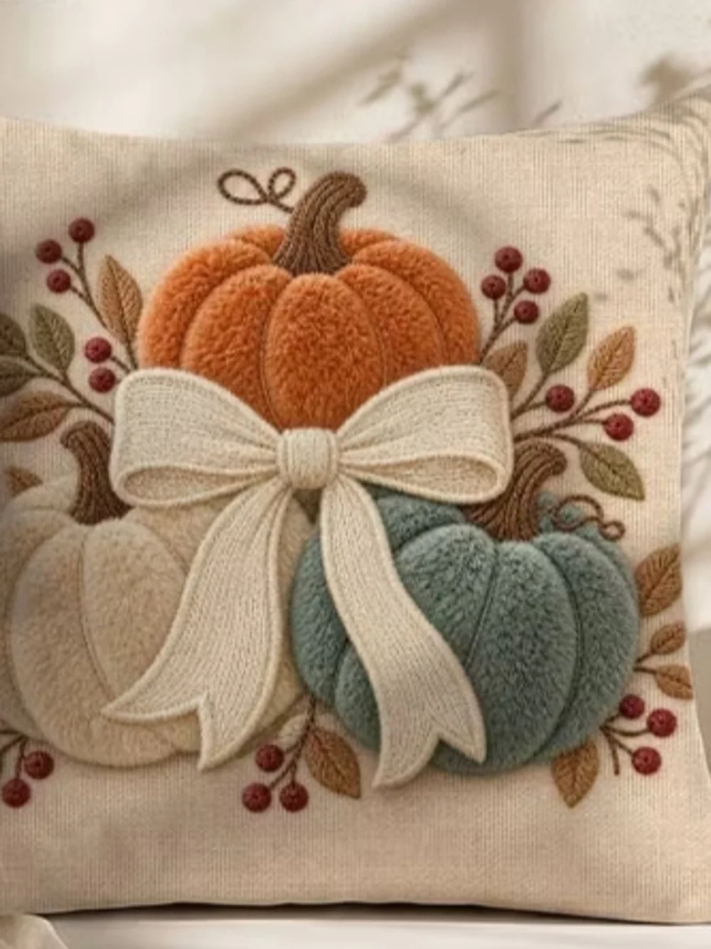 Cozy Fall Pumpkin Pillow Cover in Orange, Cream & Teal
